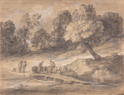 Waldlandschaft mit Reitern, die eine Brücke überqueren von Thomas Gainsborough